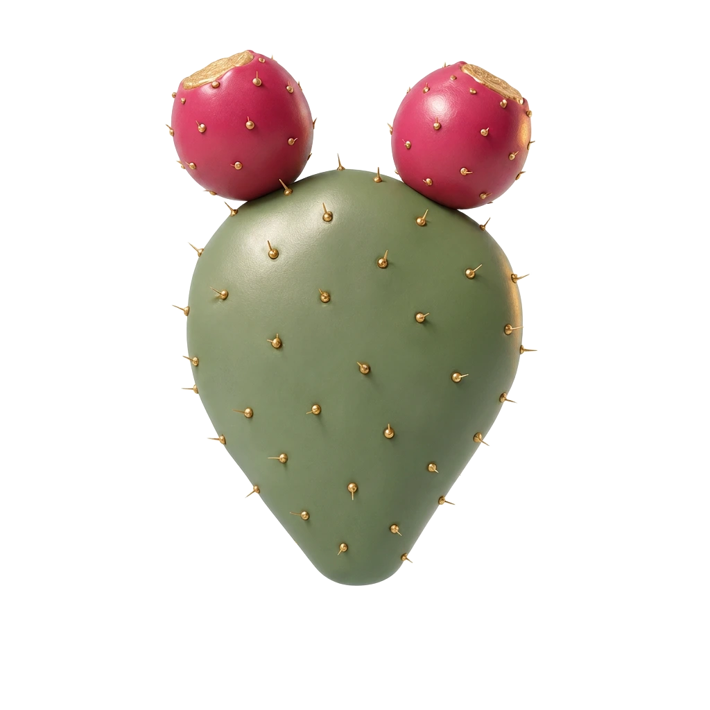 A prickly pear cactus with two ripe magenta fruit